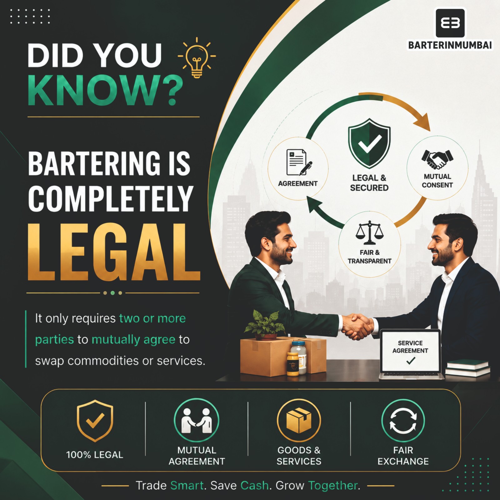 Business bartering is completely legal when two or more parties mutually agree to exchange goods or services through a fair, transparent, and legally secured agreement.